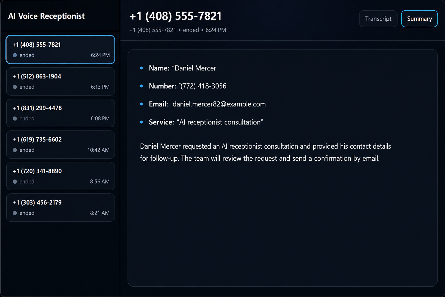 AI Receptionist collects the details